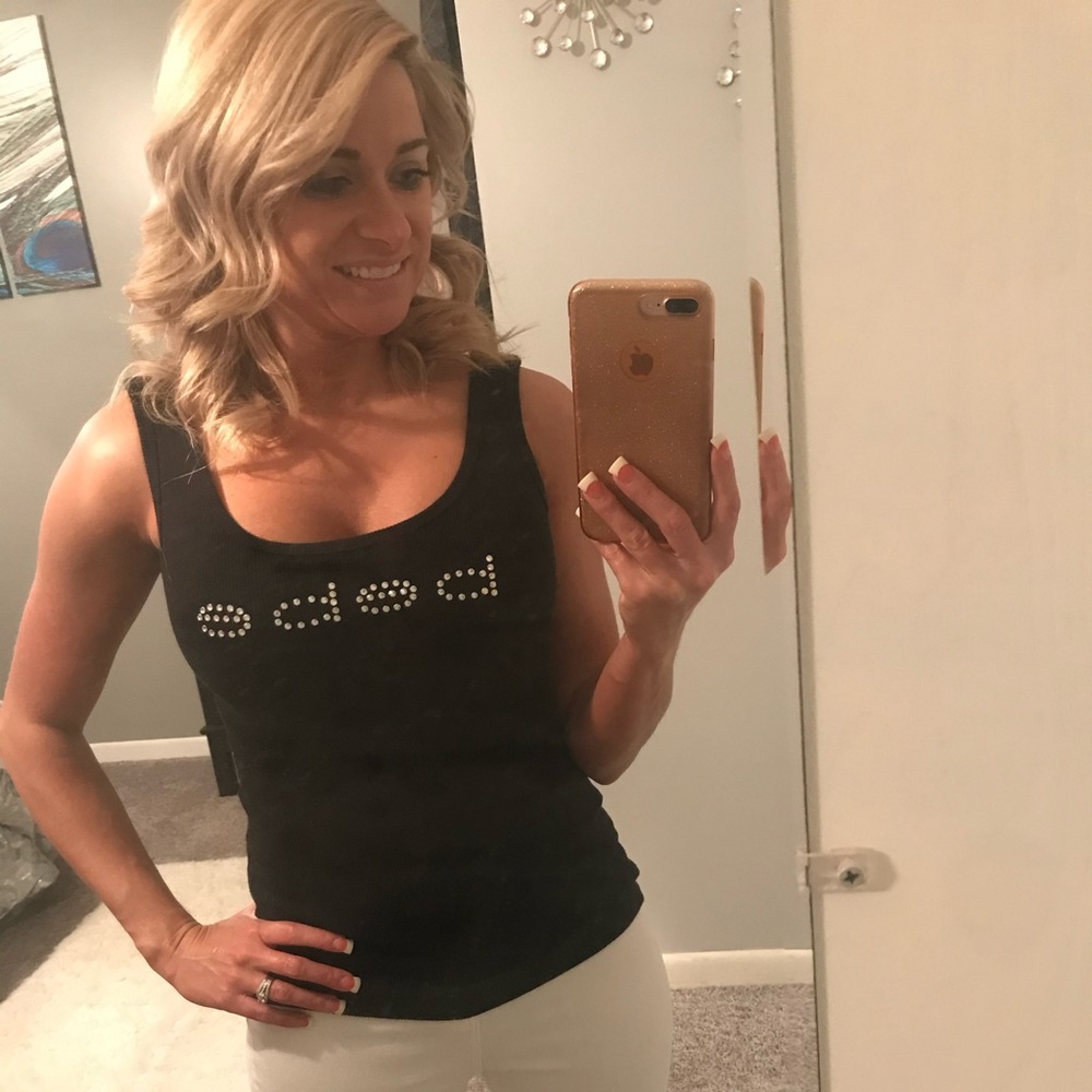 Bebe Logo Ribbed Rhinestone Logo Tank